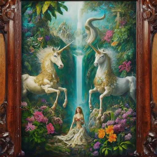 wo majestic unicorns, their coats shimmering with an otherworldly iridescence, stand proudly with spiraling horns reaching towards the heavens.  The center element is a woman with flowing hair and richly patterned attire, seated gracefully upon an intricately carved throne.